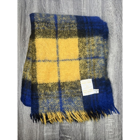 VTG Hudson's Bay Company Mohair/Wool Plaid Throw Blue Yellow Gold 55